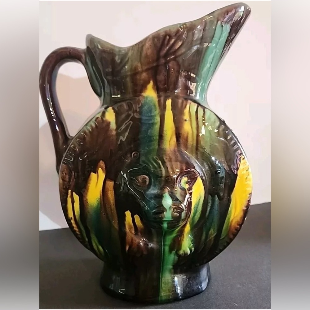 Antique Majolica Pitcher Bear RARE Exceptional Drip Glaze 12"